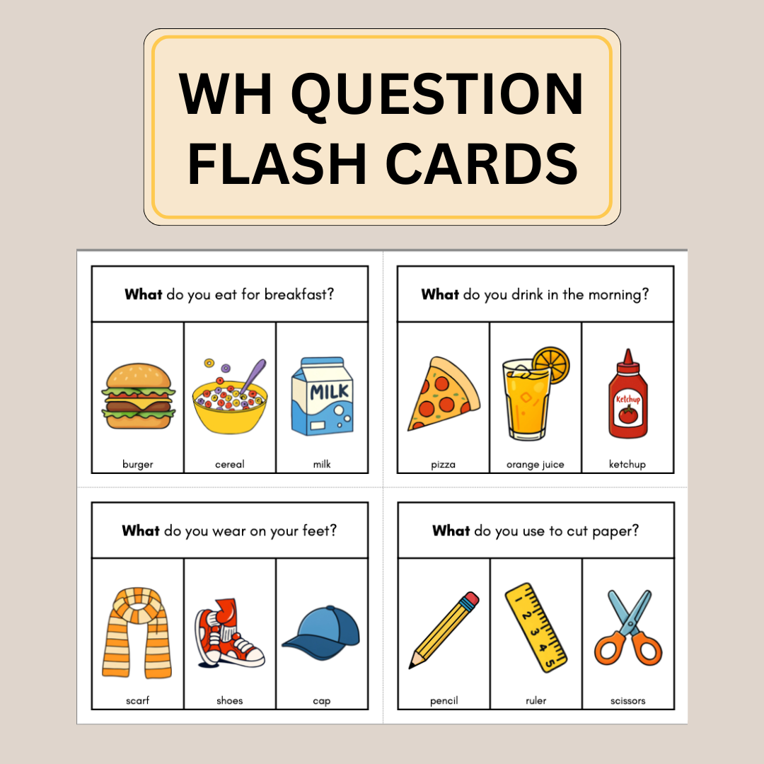 100 WH Question Cards: Speech Learning Cards Who, What, Where, When, Why Language Development