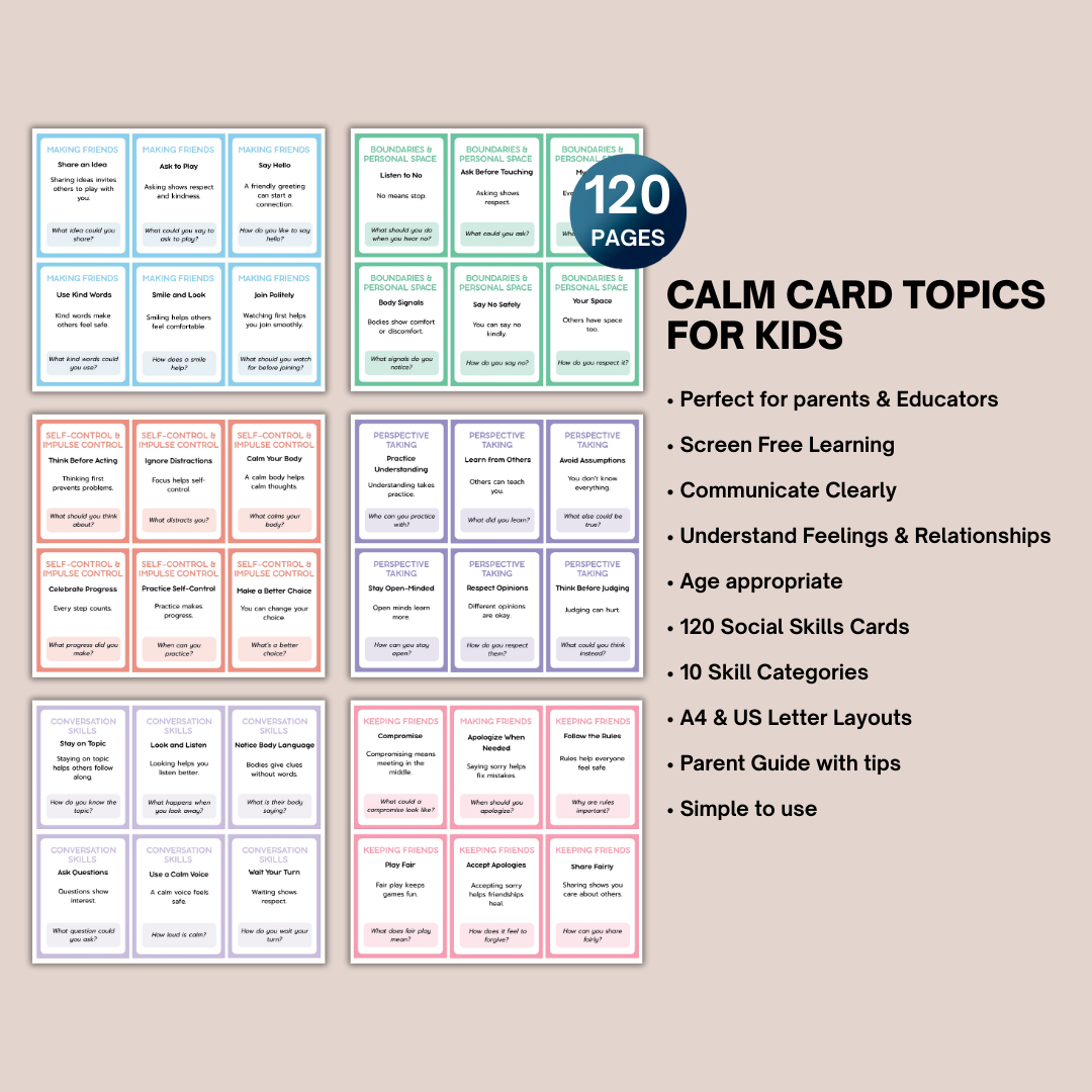 Social Skills Cards for Kids | 120 Printable Social & Emotional Learning Cards | Feelings, Friends, Boundaries and Self Control