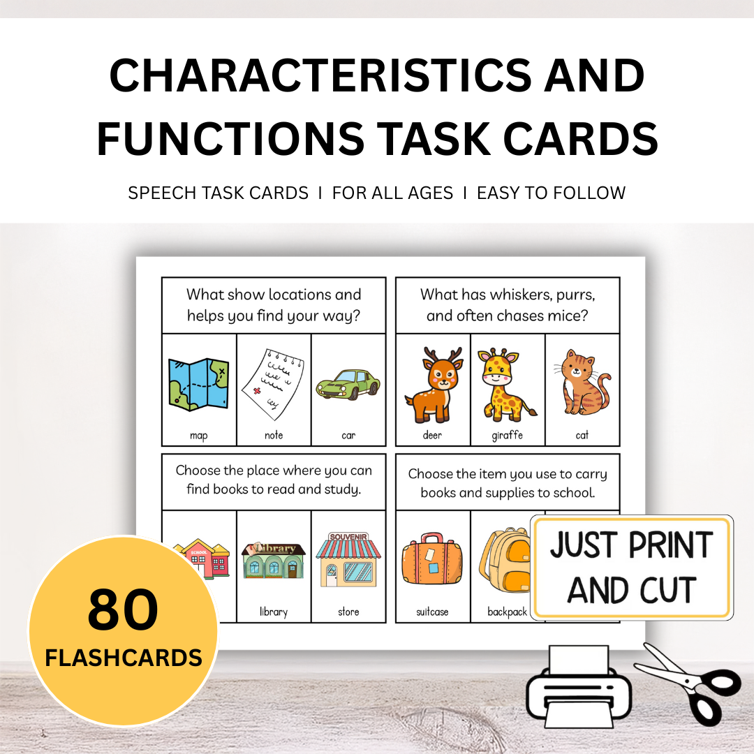 80 Characteristics and Functions Matching Task Cards; WH Questions; Speech Task Cards; Functions Task Cards; Special Education