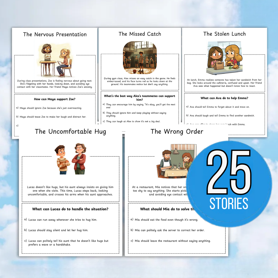 Social Skills Problem-Solving worksheets for Kids, 30 stories, Pragmatic Language Scenario Cards | Social Communication Problem-Solving for Kids