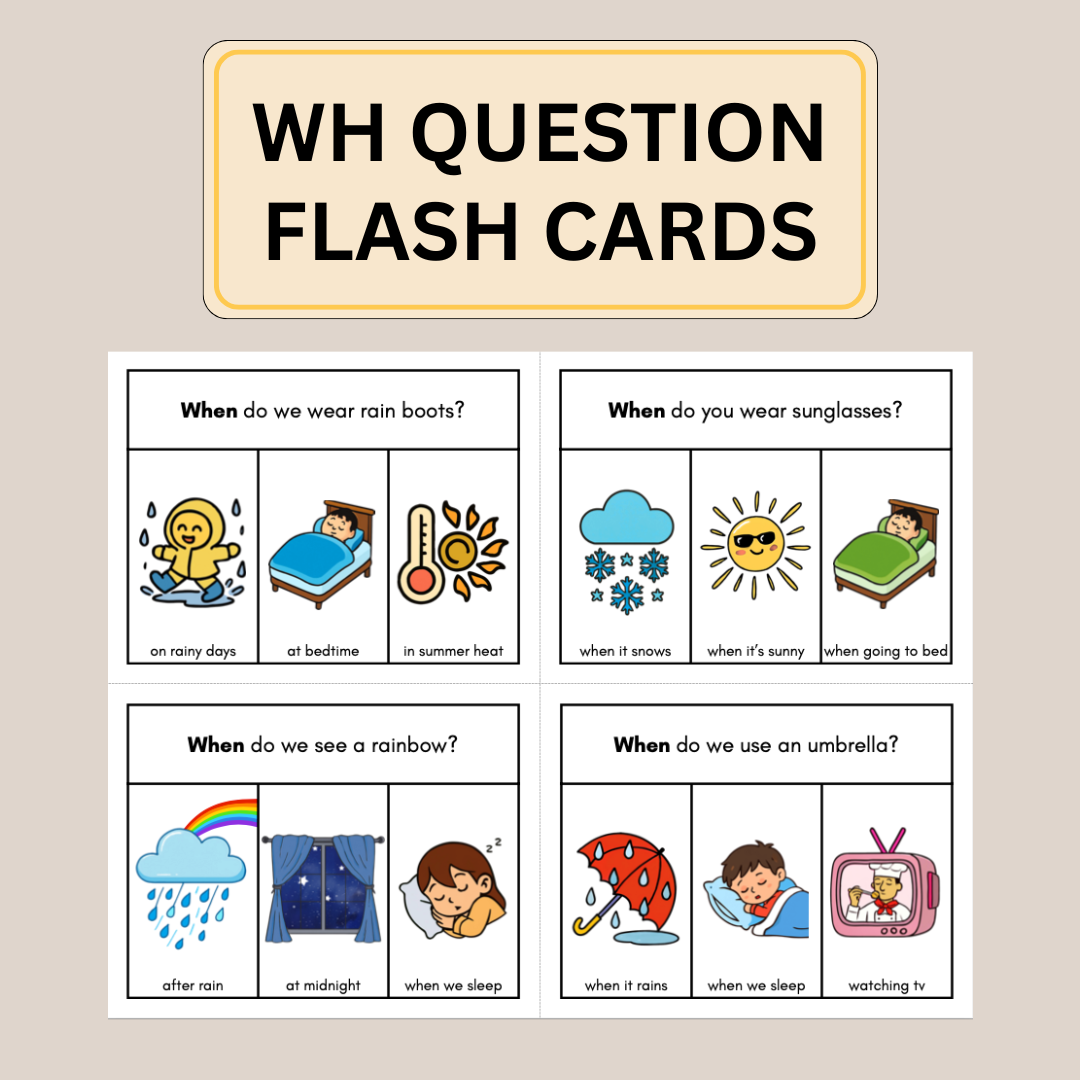 100 WH Question Cards: Speech Learning Cards Who, What, Where, When, Why Language Development
