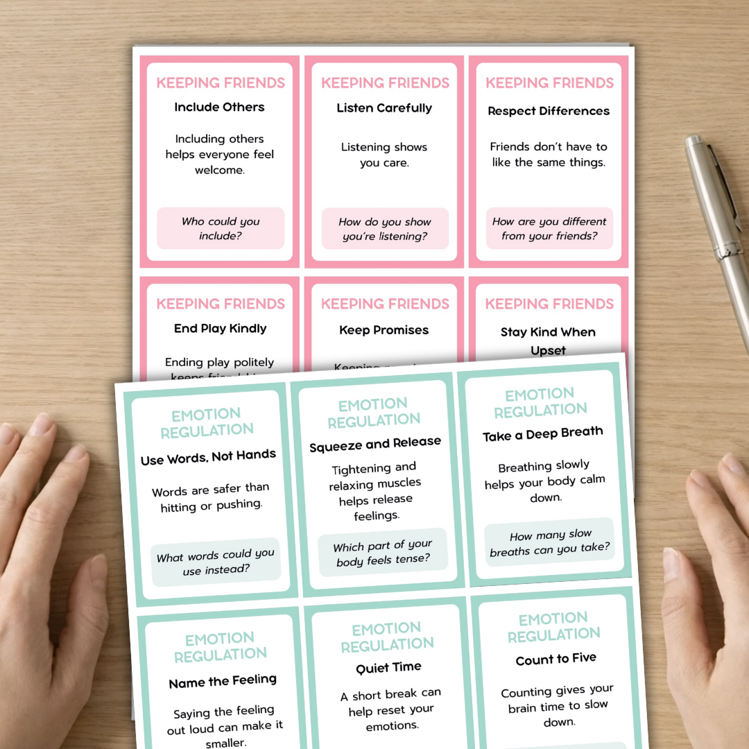Social Skills Cards for Kids | 120 Printable Social & Emotional Learning Cards | Feelings, Friends, Boundaries and Self Control
