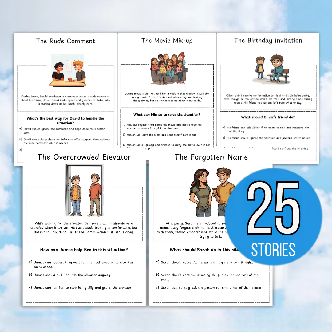 Social Skills Problem-Solving worksheets for Kids, 30 stories, Pragmatic Language Scenario Cards | Social Communication Problem-Solving for Kids
