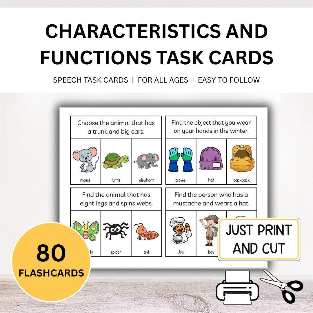 80 Characteristics and Functions Matching Task Cards; WH Questions; Speech Task Cards; Functions Task Cards; Special Education