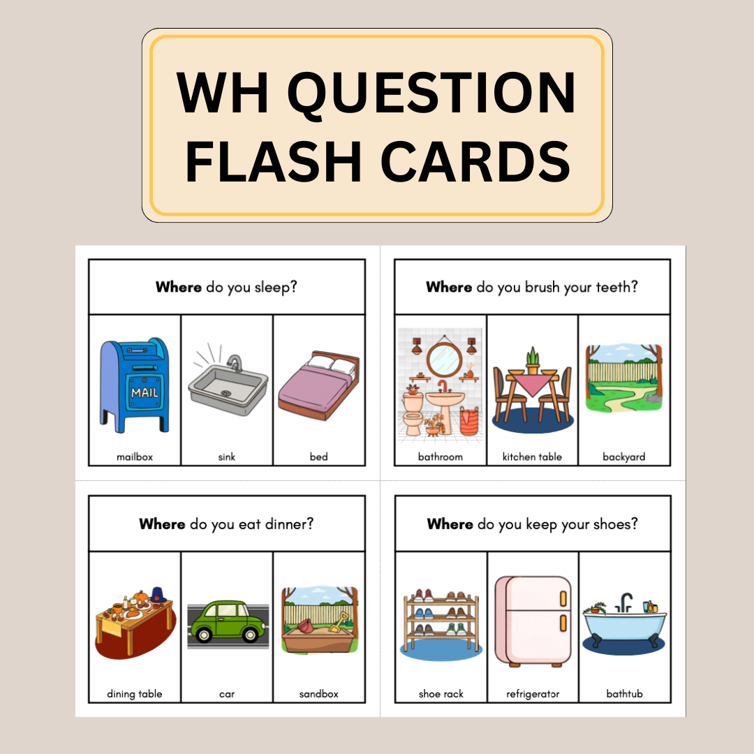 100 WH Question Cards: Speech Learning Cards Who, What, Where, When, Why Language Development
