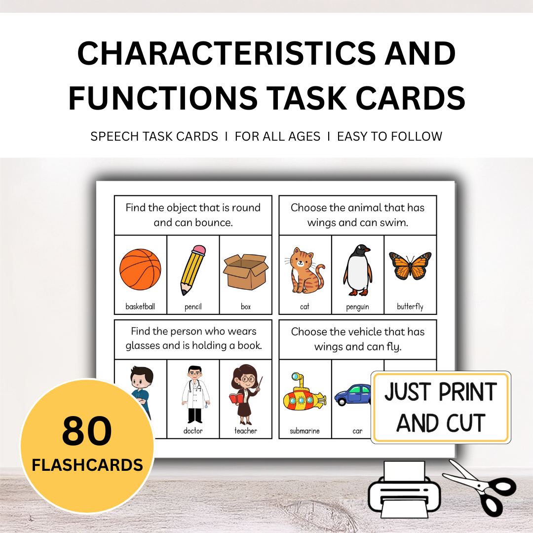 80 Characteristics and Functions Matching Task Cards; WH Questions; Speech Task Cards; Functions Task Cards; Special Education