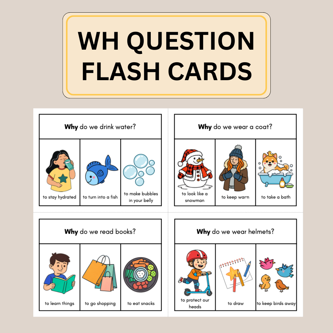 100 WH Question Cards: Speech Learning Cards Who, What, Where, When, Why Language Development